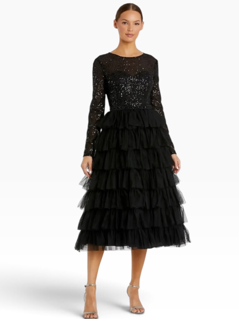 Ieena Mac Duggal Long Sleeve Ruffle Tiered Tulle Sequin Bodice Midi Dress2 Blk 2